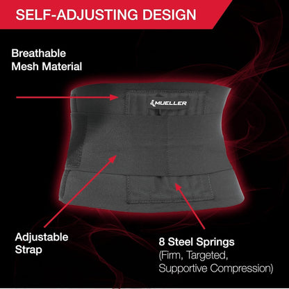 MUELLER Sports Medicine Adjustable Back Brace, Ideal for Upper and Lower Back Pain, Relief & Support for Men and Women, Strains, Sciatica, Scoliosis, Black