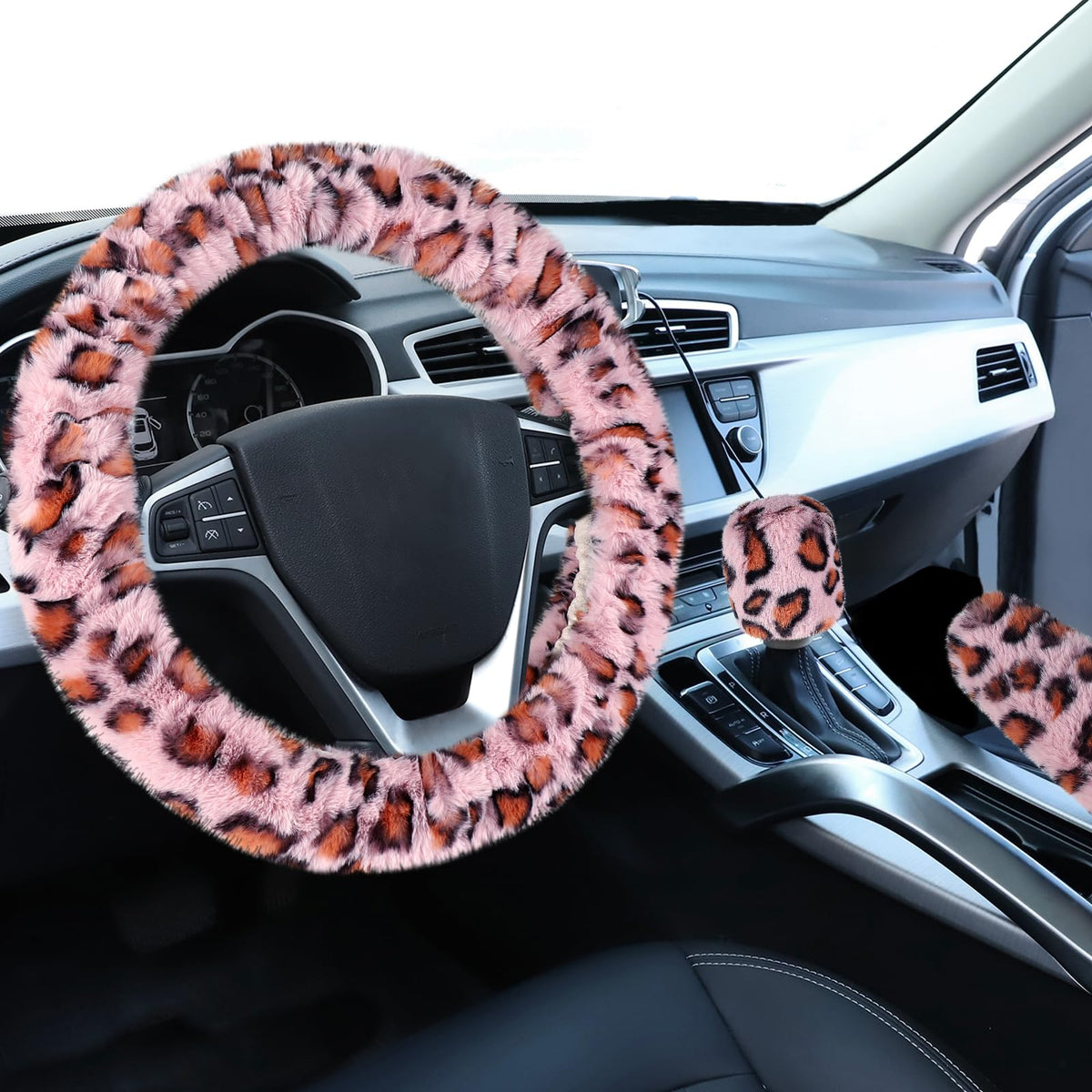 Accmor Fuzzy Car Steering Wheel Cover, Universal Fit Fur Auto Wheel Cover & Handbrake Cover & Gear Shift Cover Set, Leopard Warm Fluffy Vehicle Wheel Protector Car Accessories for Men Women (Brown)