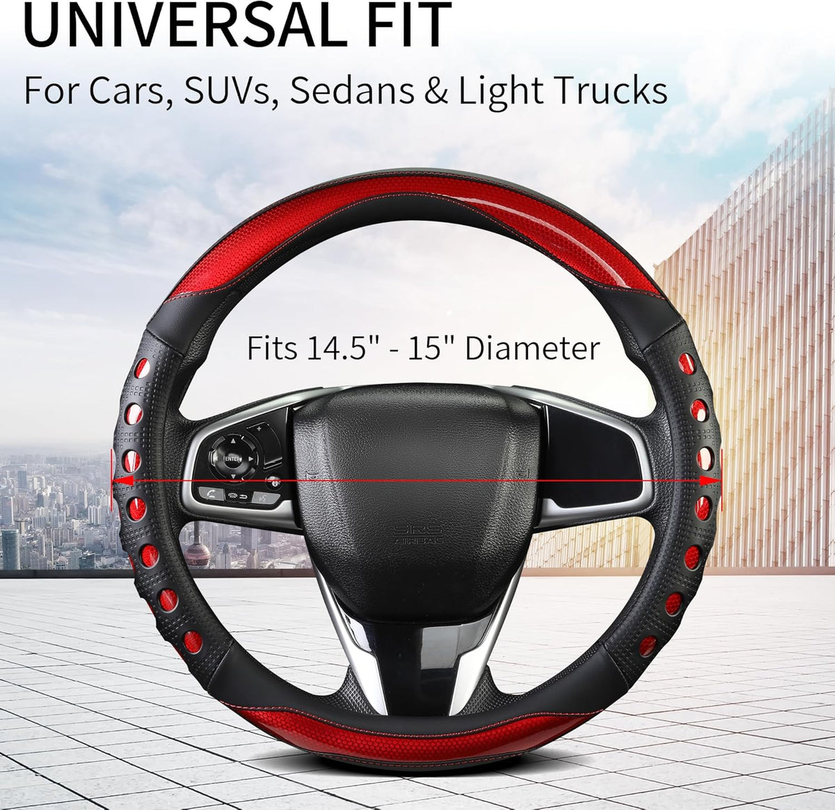 PU Leather Car Steering Wheel Cover with Anti-Slip Grip, for Women and Men, Universal Fit for 14.5-15 Inch Cars, Trucks, SUVs (Red (Round), Medium(Standard) Size[14 1/2''-15''])