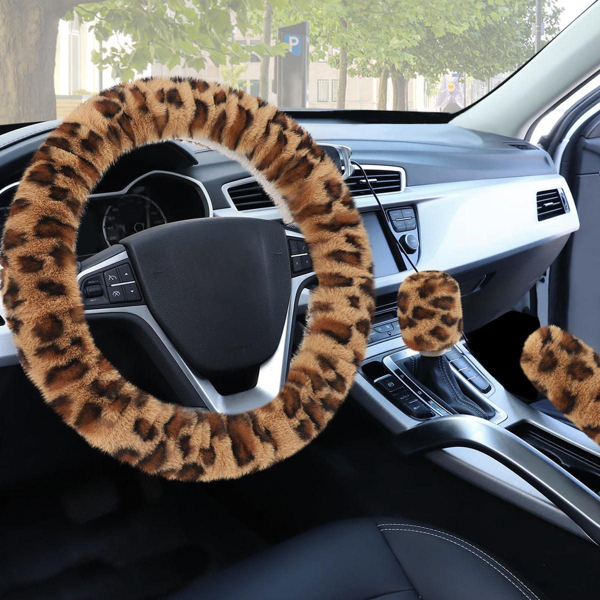 Accmor Fuzzy Car Steering Wheel Cover, Universal Fit Fur Auto Wheel Cover & Handbrake Cover & Gear Shift Cover Set, Leopard Warm Fluffy Vehicle Wheel Protector Car Accessories for Men Women (Brown)