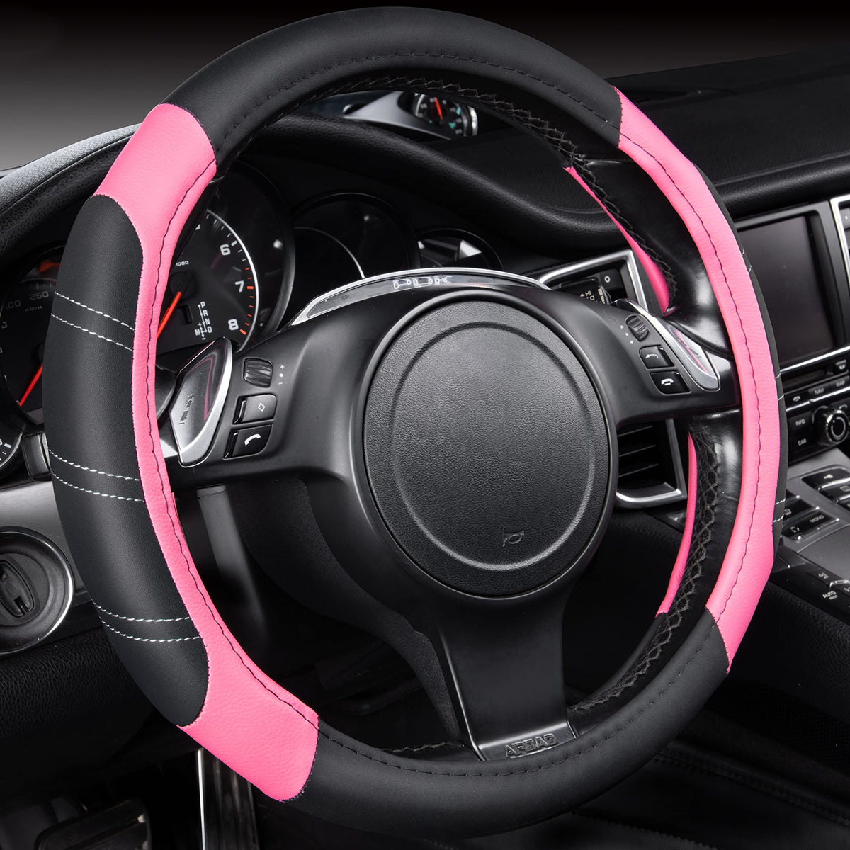 CAR PASS Line Rider Microfiber Leather Sporty 14.5-15 inch Steering Wheel Cover Universal Fits for 95% Truck,SUV,Cars, Anti-Slip Safety Comfortable Design (Black Purple)