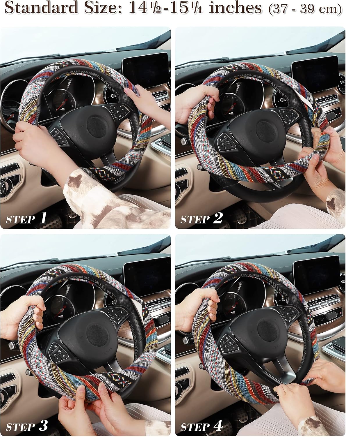 SEG Direct Boho Steering Wheel Cover, Baja Blanket Cloth, Coarse Flax