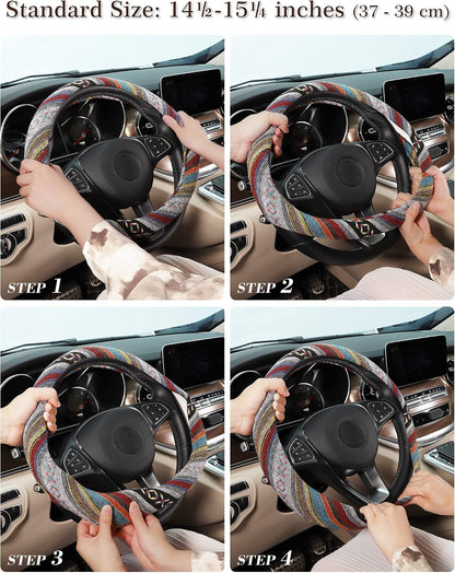SEG Direct Boho Steering Wheel Cover, Baja Blanket Cloth, Coarse Flax