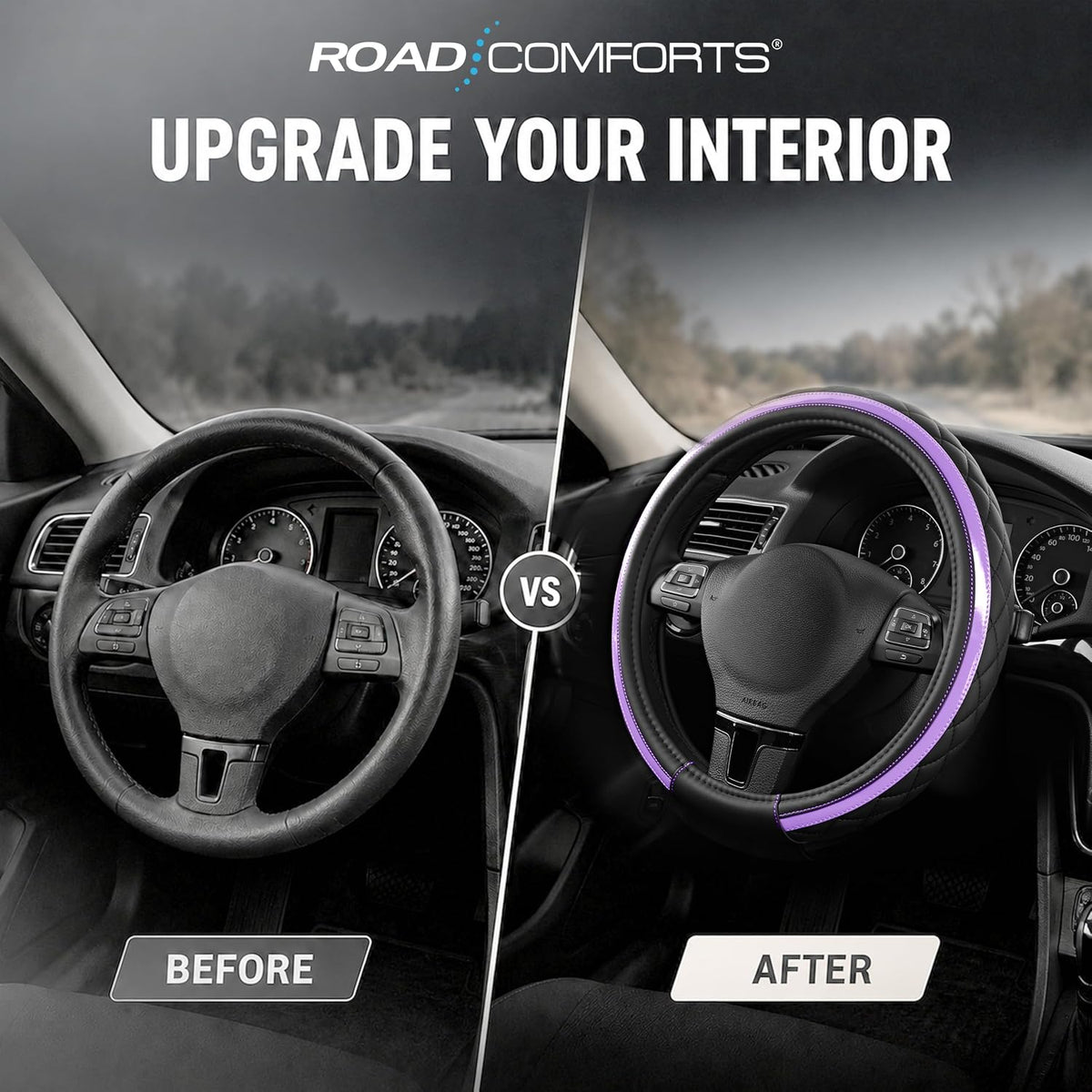Road Comforts Leather Steering Wheel Cover – Black & Purple, Universal Fit 14.5-15 Inch, Microfiber Leather, Anti-Slip & Breathable Design for Men and Women