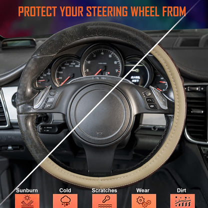 CAR PASS Wood Grain 14.5-15 inch Microfiber Leather Steering Wheel Cover, Anti-Slip Veins Design Steering Wheel Universal Fit for Most Cars, Sedans, SUV， Beige