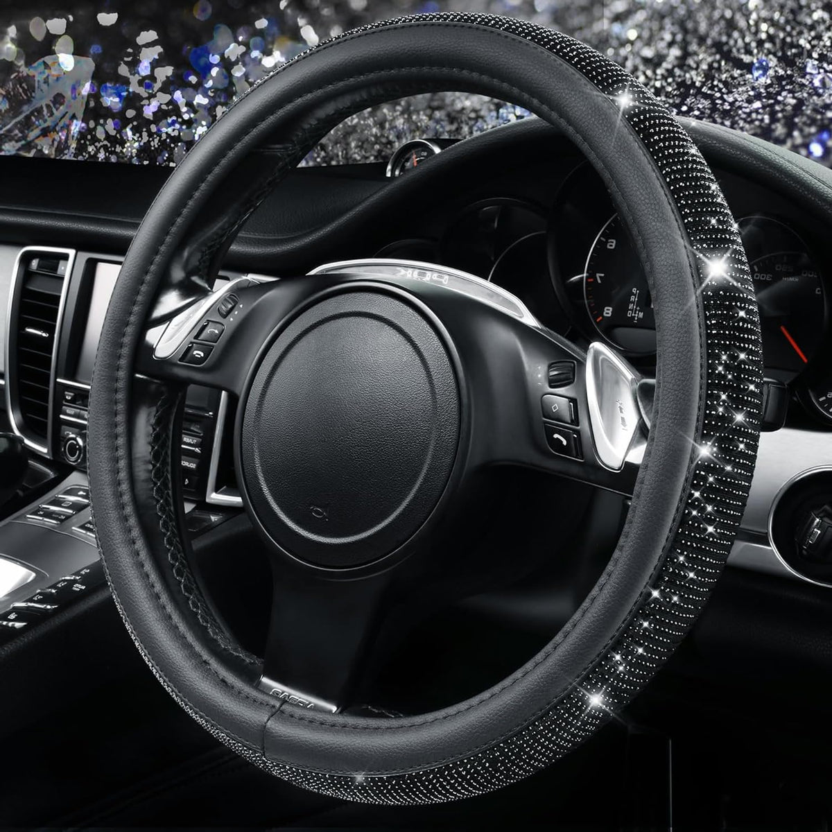 CAR PASS Bling Diamond Leather Steering Wheel Cover, With Sparkly Crystal Glitter Rhinestones Universal Fit 14"1/2-15" Car Wheel Protector for Women Girl Fit Suvs,Vans,Sedans,Car,Trucks, Black Diamond