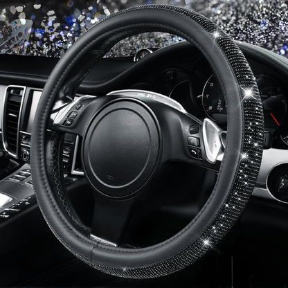CAR PASS Bling Diamond Leather Steering Wheel Cover, With Sparkly Crystal Glitter Rhinestones Universal Fit 14"1/2-15" Car Wheel Protector for Women Girl Fit Suvs,Vans,Sedans,Car,Trucks, Black Diamond