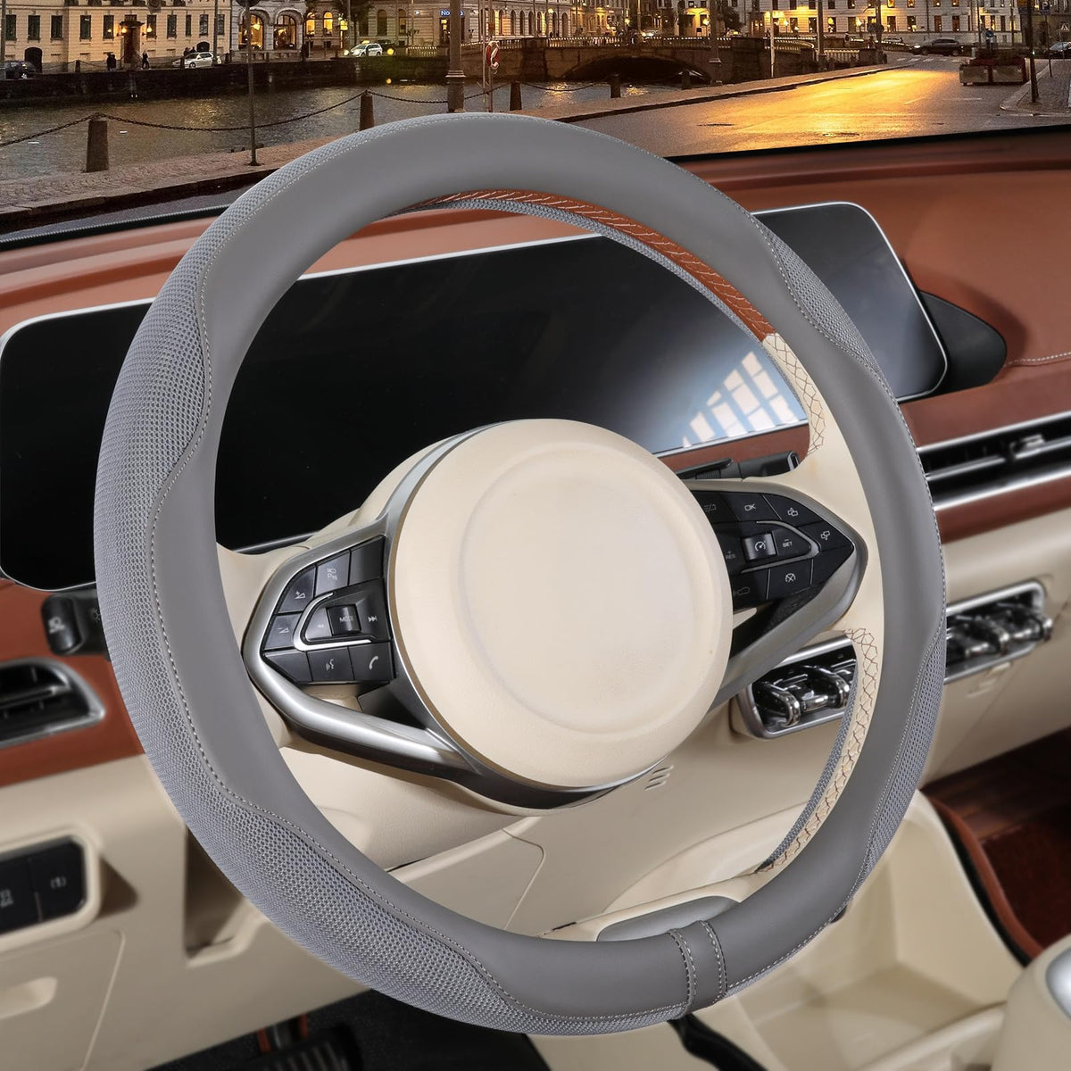 Nappa Leather Ice Silk Fabric Pink Steering Wheel Cover Women