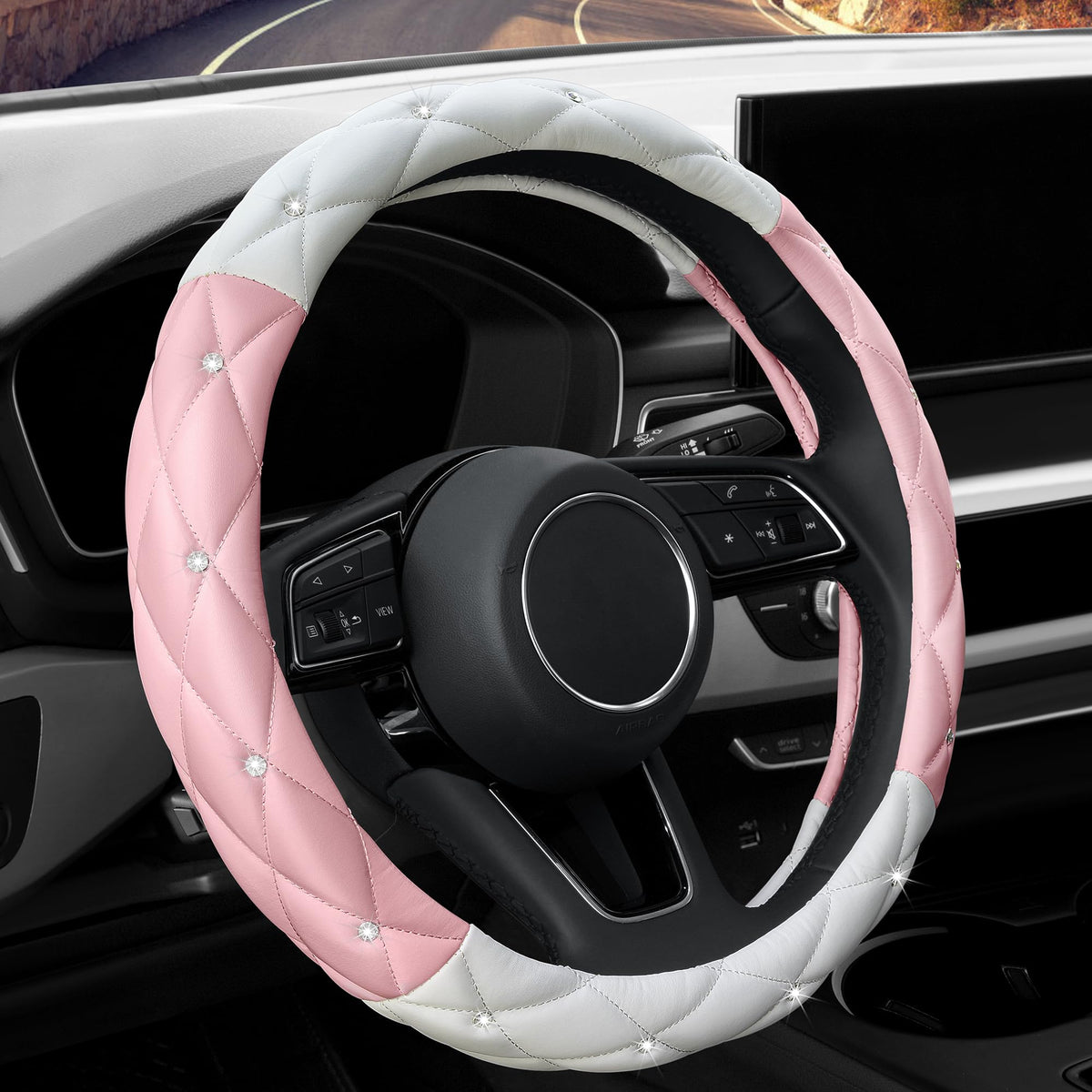 YOGURTCK Diamond Soft Leather Anti-Slip Steering Wheel Cover with Bling Bling Crystal Rhinestones, Universal 15 Inch for Women Girls, Fit Vehicles, Sedans, SUVs, Vans, Trucks - Black