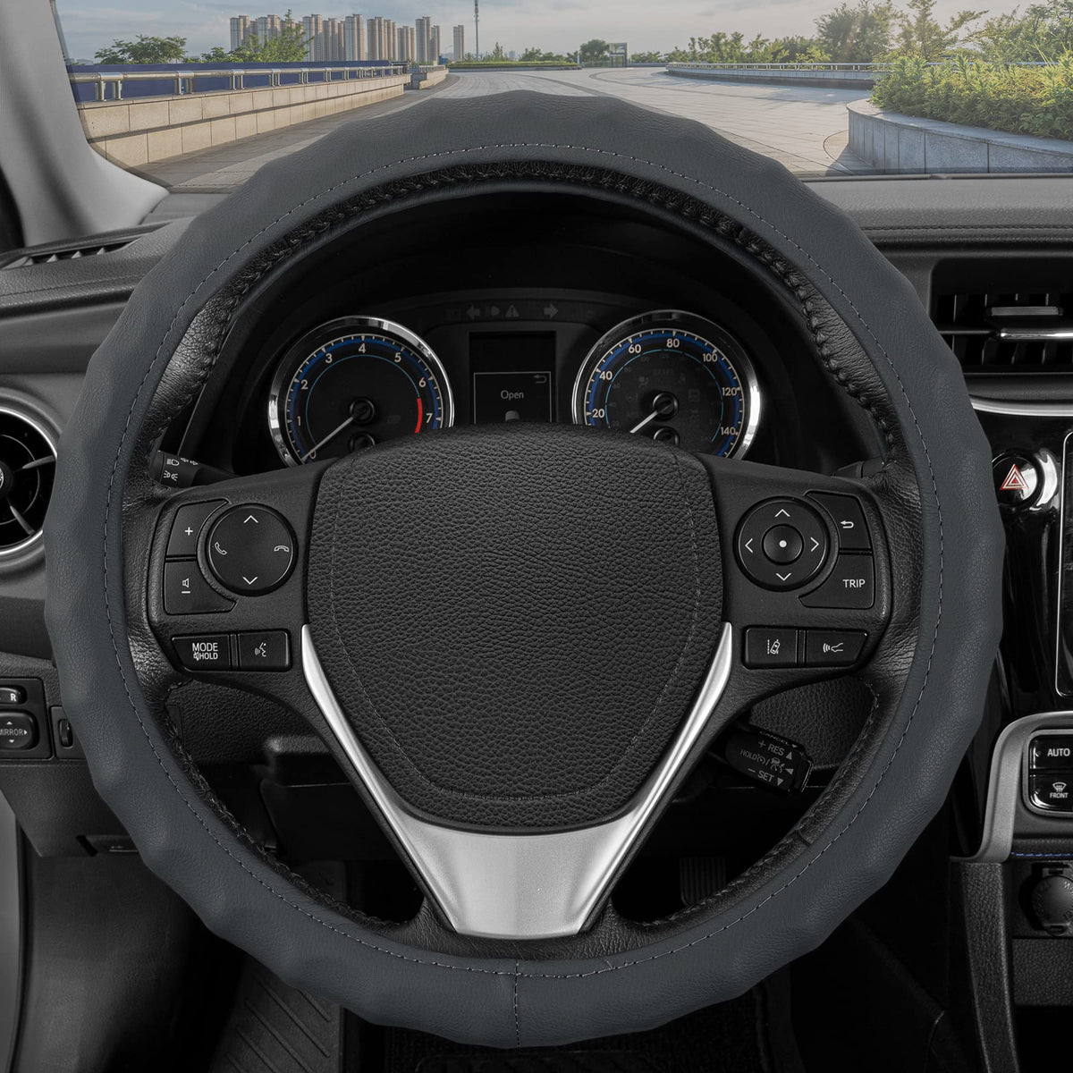 BDK Black Genuine Leather Steering Wheel Cover Large 15.5 to 16 inch