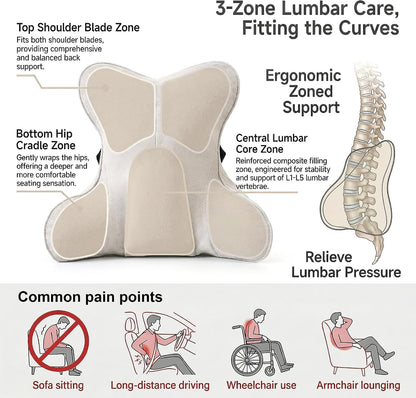 Lumbar Support Pillow for Office Chair, Back Support Cushion, Lumbar Pillow for Desk Chair, Ergonomic 3-Zone Back Cushion for Sitting Comfort, Misty White