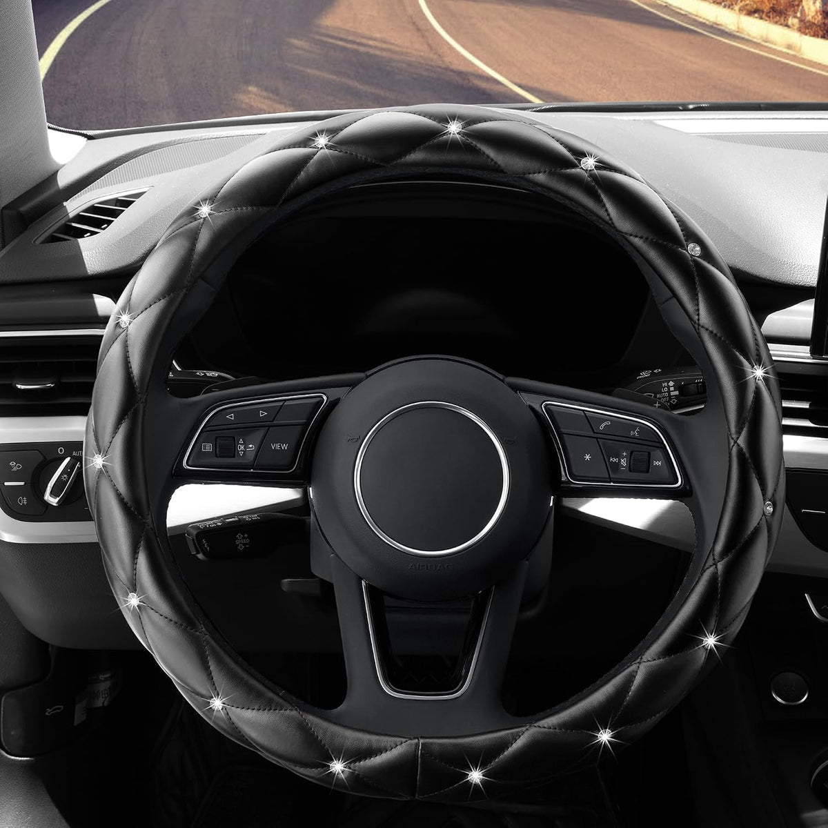 YOGURTCK Diamond Soft Leather Anti-Slip Steering Wheel Cover with Bling Bling Crystal Rhinestones, Universal 15 Inch for Women Girls, Fit Vehicles, Sedans, SUVs, Vans, Trucks - Black