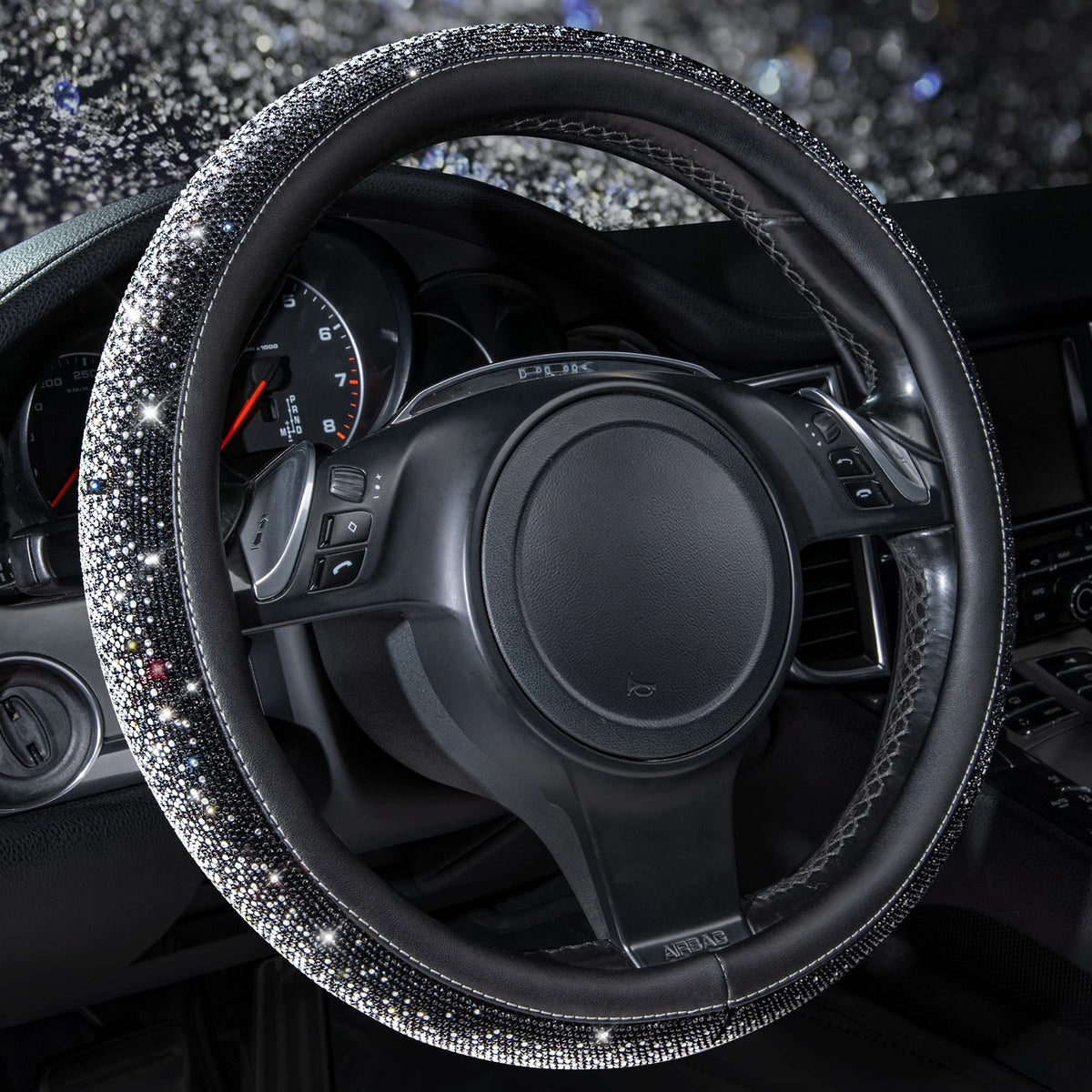 CAR PASS Bling Diamond Steering Wheel Cover Leopard Pattern, Sparkly Crystal Glitter Rhinestones Black Leather Wheel Protect for Women Girl Fit Suvs,Vans,Sedans,Cars,Trucks, 14" 1/2-15" Gold Leopard