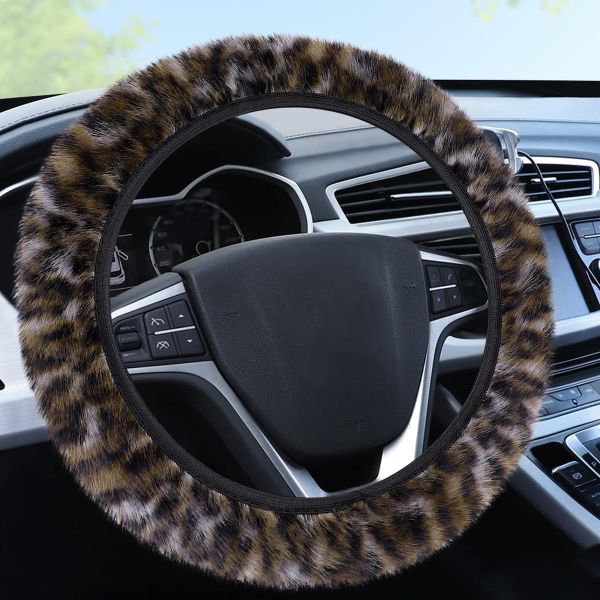 Accmor Fuzzy Car Steering Wheel Cover, Universal Fit Fur Auto Wheel Cover & Handbrake Cover & Gear Shift Cover Set, Leopard Warm Fluffy Vehicle Wheel Protector Car Accessories for Men Women (Brown)