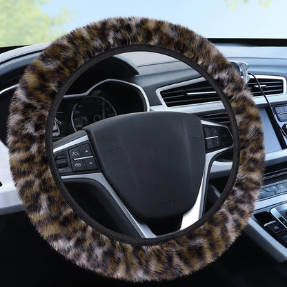 Accmor Fuzzy Car Steering Wheel Cover, Universal Fit Fur Auto Wheel Cover & Handbrake Cover & Gear Shift Cover Set, Leopard Warm Fluffy Vehicle Wheel Protector Car Accessories for Men Women (Brown)