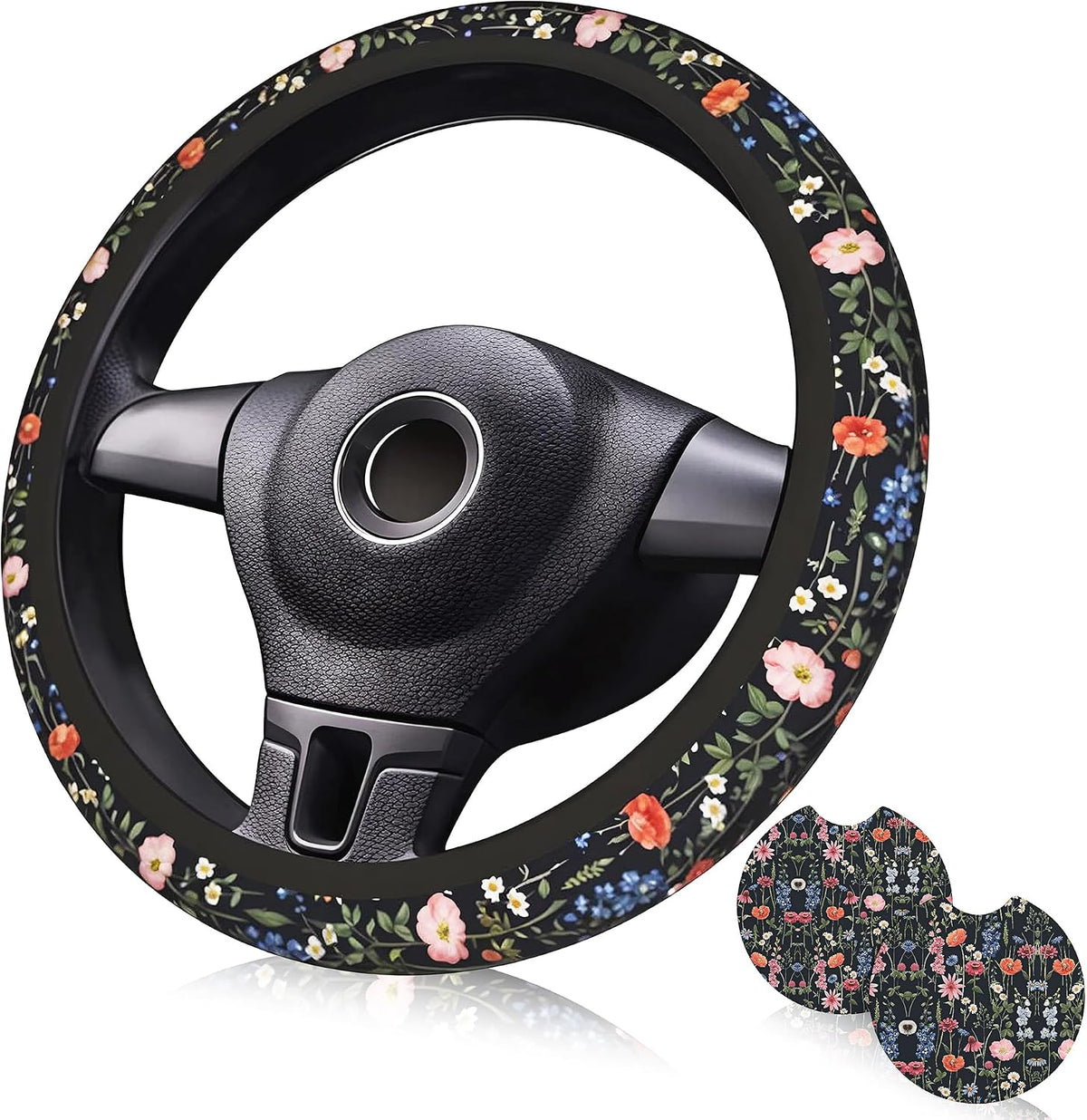Wildflower Car Steering Wheel Cover 15 in, 2 Cute Floral Car Coasters