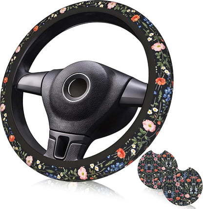 Wildflower Car Steering Wheel Cover 15 in, 2 Cute Floral Car Coasters