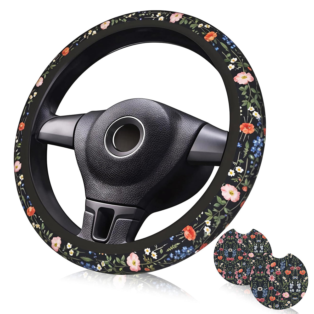 Wildflower Car Steering Wheel Cover 15 in, 2 Cute Floral Car Coasters