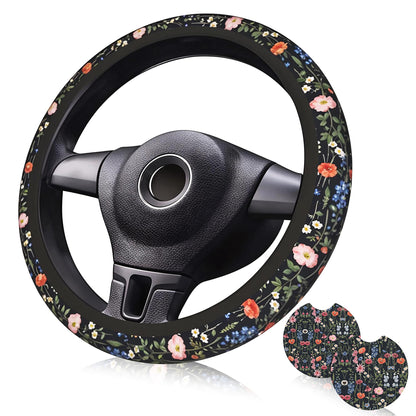 Wildflower Car Steering Wheel Cover 15 in, 2 Cute Floral Car Coasters