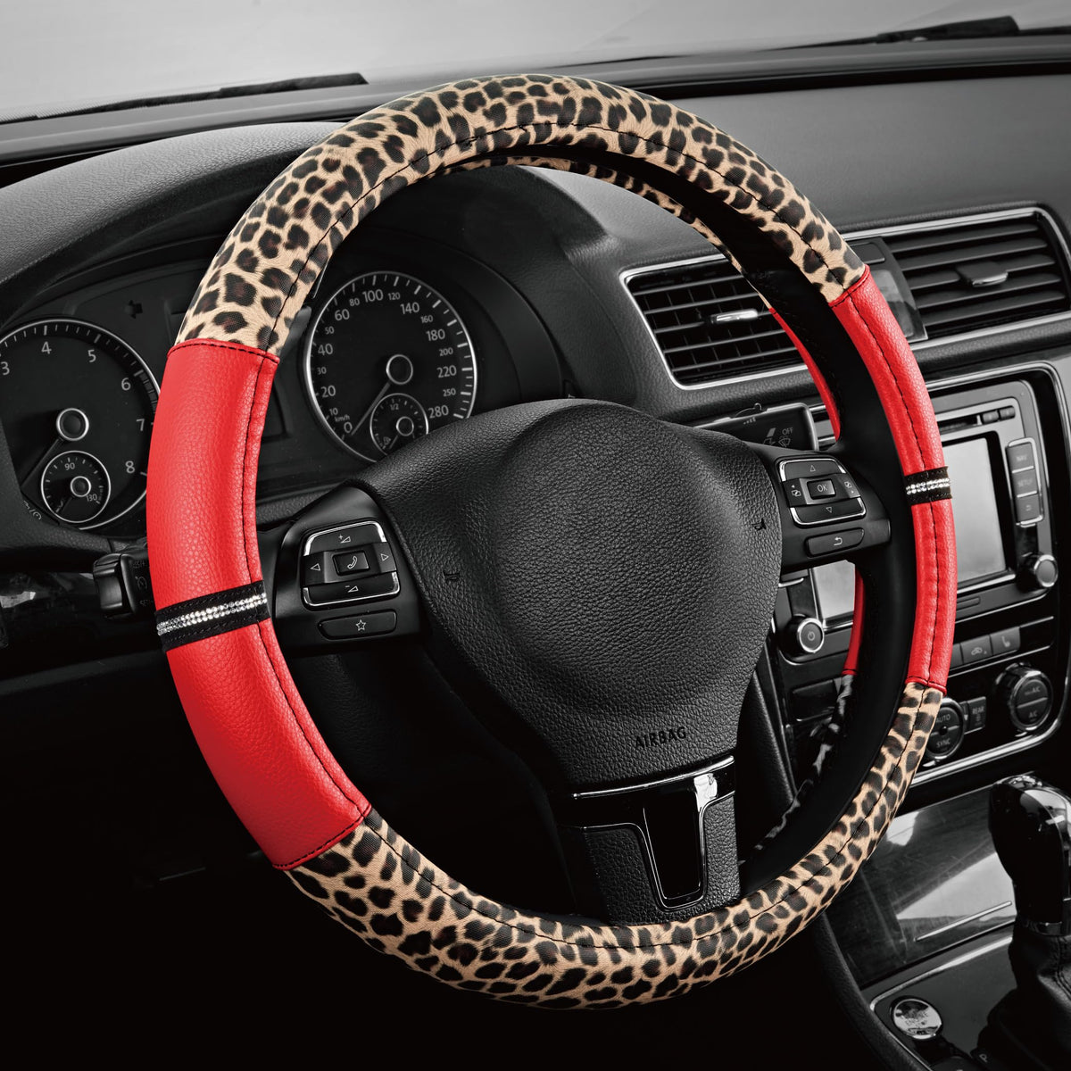 Road Comforts Leopard Steering Wheel Cover for Women, Cute Anti-Slip Premium PVC Leather, Fit 14.5-15 Inches Round Steering Wheel - Black