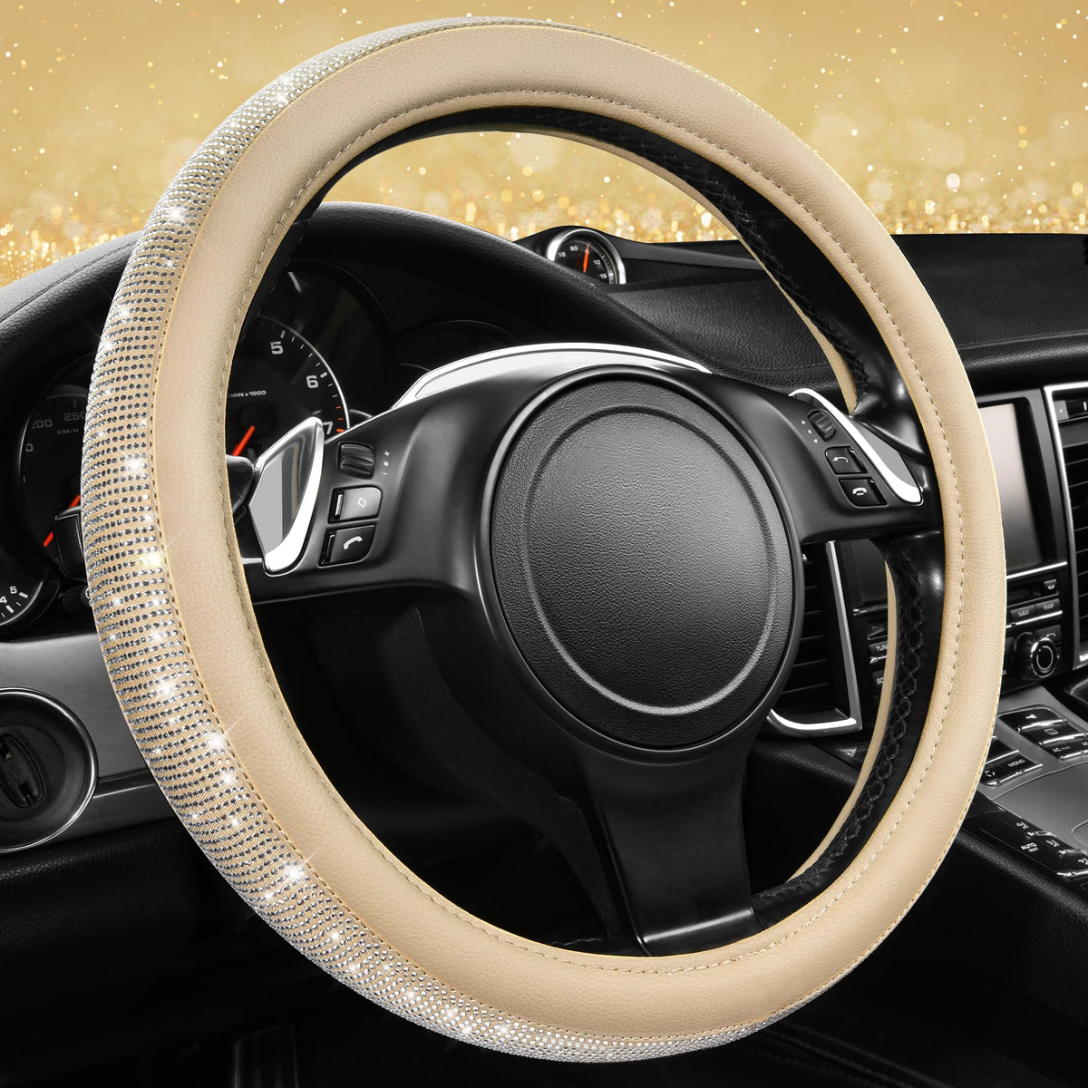 CAR PASS Bling Diamond Steering Wheel Cover Leopard Pattern, Sparkly Crystal Glitter Rhinestones Black Leather Wheel Protect for Women Girl Fit Suvs,Vans,Sedans,Cars,Trucks, 14" 1/2-15" Gold Leopard