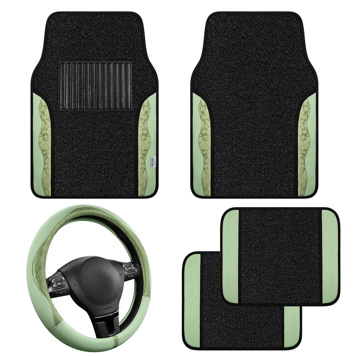 PIC AUTO Steering Wheel Cover, Green Patterned Leather Patchwork Design, Universal Fit 14.5"–15.5", Anti-Slip, Odor-Free, Soft PU Grain Leather, Durable Grip Car Accessory for Girls & Women