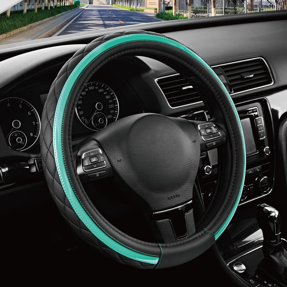 Road Comforts Leather Steering Wheel Cover – Black & Purple, Universal Fit 14.5-15 Inch, Microfiber Leather, Anti-Slip & Breathable Design for Men and Women