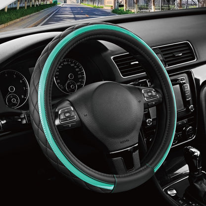 Road Comforts Leather Steering Wheel Cover – Black & Purple, Universal Fit 14.5-15 Inch, Microfiber Leather, Anti-Slip & Breathable Design for Men and Women