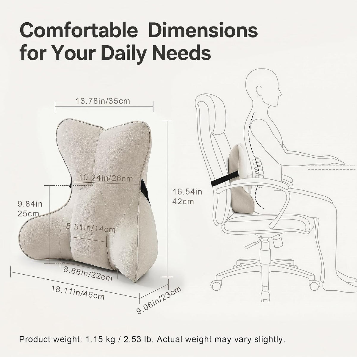 Lumbar Support Pillow for Office Chair, Back Support Cushion, Lumbar Pillow for Desk Chair, Ergonomic 3-Zone Back Cushion for Sitting Comfort, Misty White