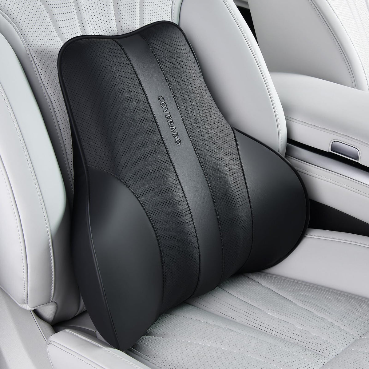 Coverado Lumbar Support Pillow for Car, Ergonomic Memory Foam Back Pillow for Office Chair, New Back Cushion for Pain Relief, PU Leather Car Lumbar Support for Driving Seat - BK