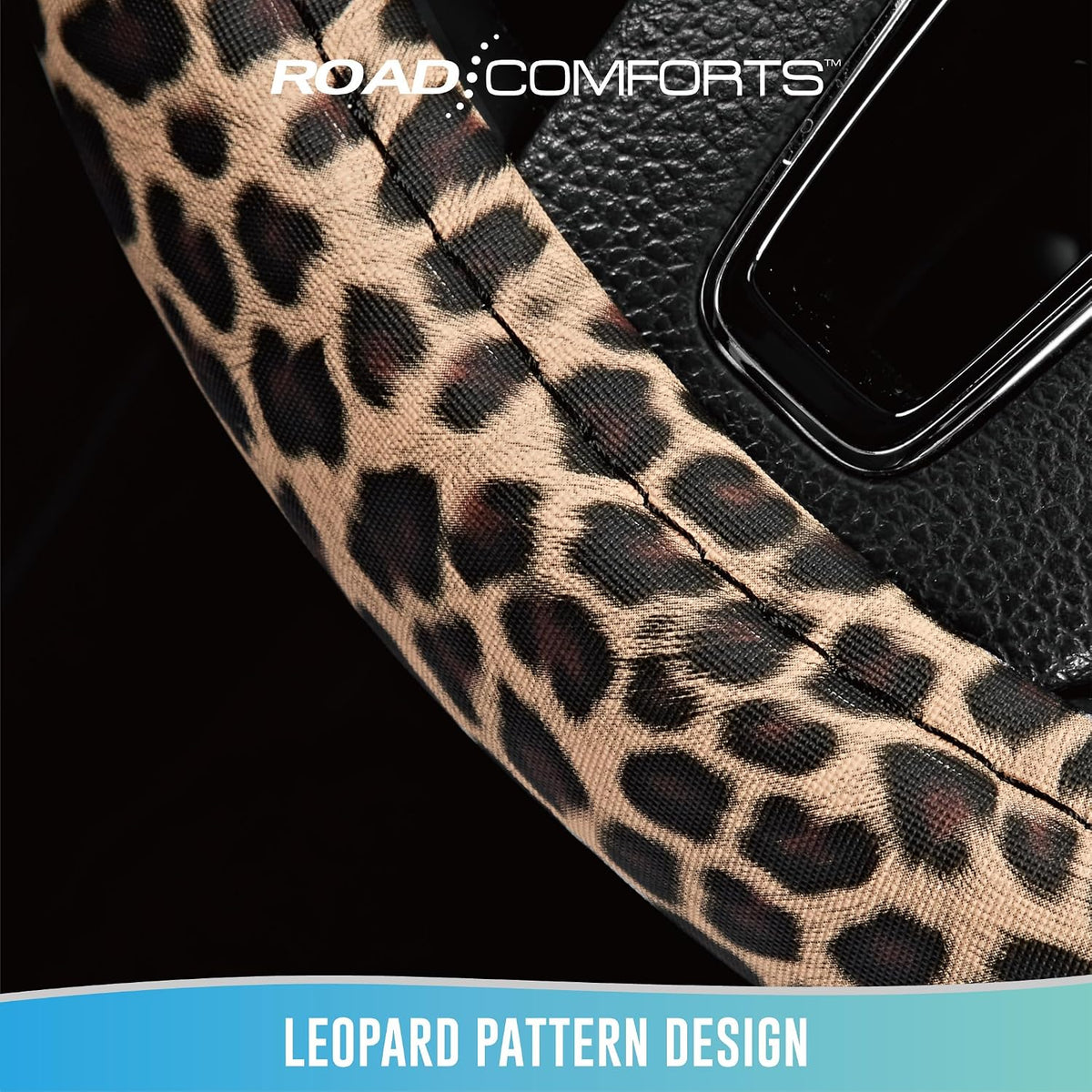 Road Comforts Leopard Steering Wheel Cover for Women, Cute Anti-Slip Premium PVC Leather, Fit 14.5-15 Inches Round Steering Wheel - Black