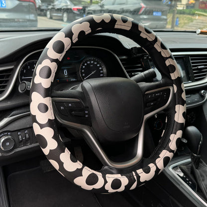 Vintage Groovy Flowers Car Leather Steering Wheel Cover - 15-inch Universal Microfiber- Soft & Breathable & Silicone Anti Slip Auto Steering Wheel Wrap for Women (Black)
