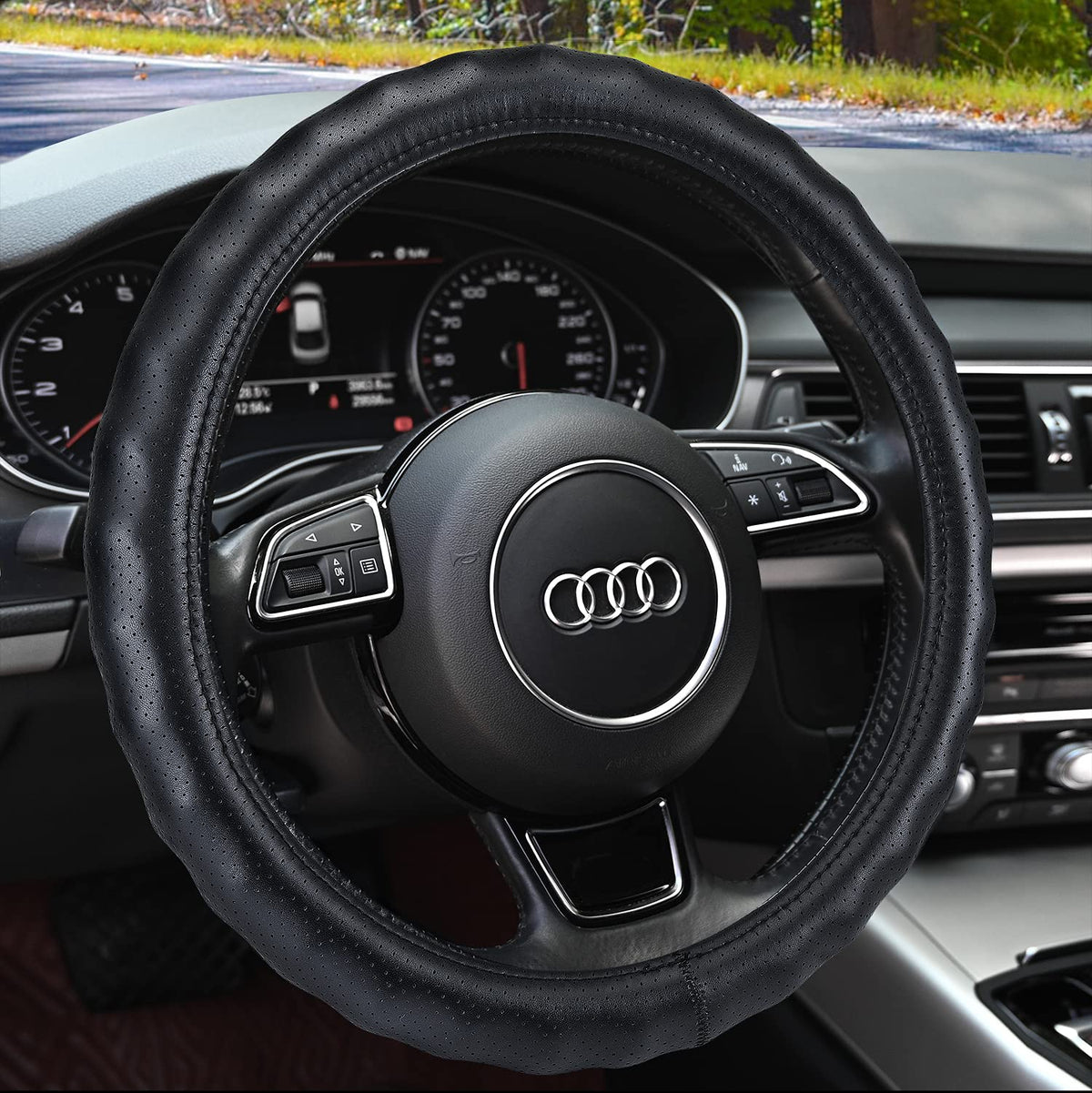 Haokay Heavy Duty Pure Cowhide Steering Wheel Cover, Black Genuine Leather Steering Wheel Cover Men Women Universal 14.5 to 15 Inch