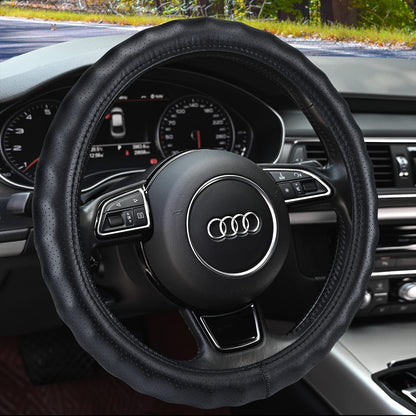 Haokay Heavy Duty Pure Cowhide Steering Wheel Cover, Black Genuine Leather Steering Wheel Cover Men Women Universal 14.5 to 15 Inch