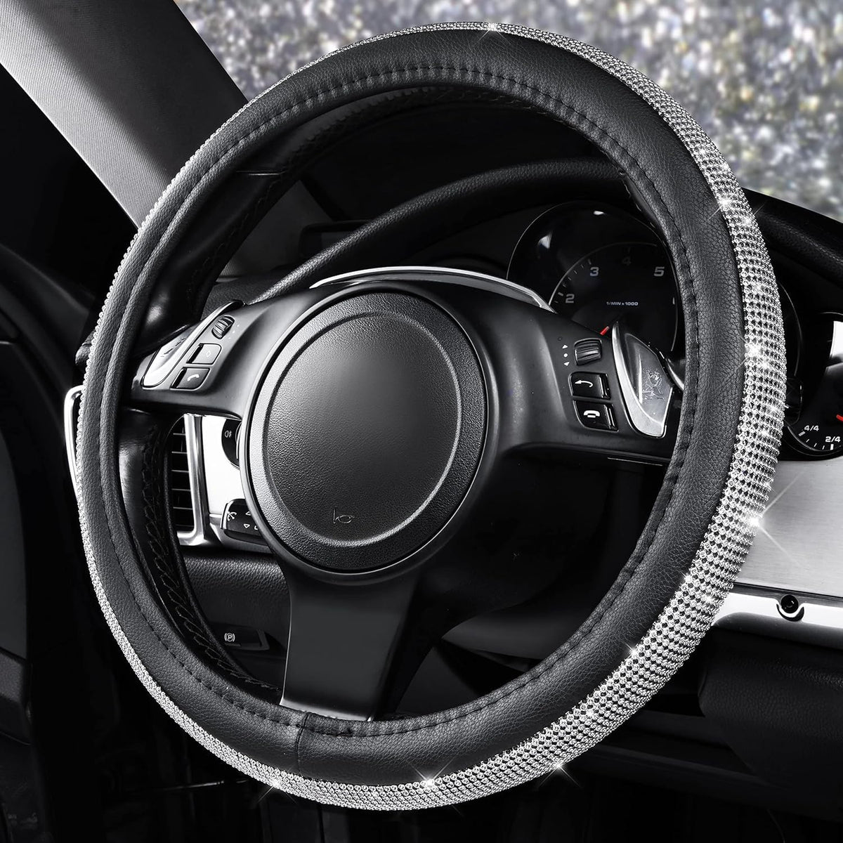 CAR PASS Bling Diamond Leather Steering Wheel Cover, with Bling Sparkly Crystal Glitter Rhinestones Universal Fit 14.5in-15in Car Wheel Protector for Women Girl Fit Suvs,Vans,Sedans,Car,Trucks, Silver