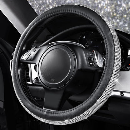 CAR PASS Bling Diamond Leather Steering Wheel Cover, with Bling Sparkly Crystal Glitter Rhinestones Universal Fit 14.5in-15in Car Wheel Protector for Women Girl Fit Suvs,Vans,Sedans,Car,Trucks, Silver