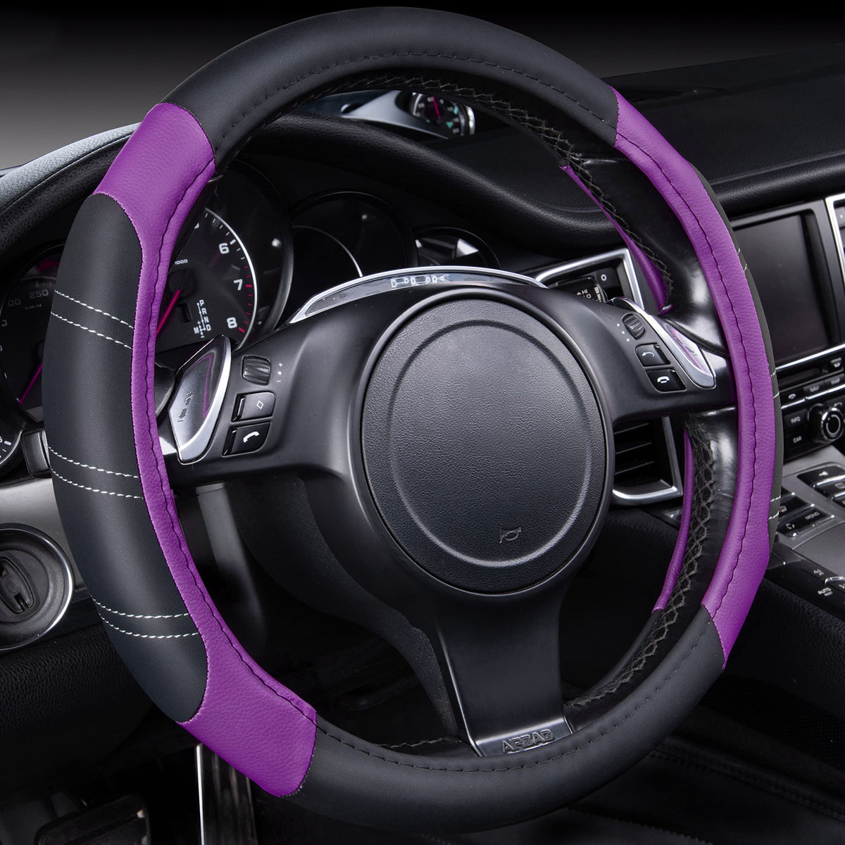 CAR PASS Line Rider Microfiber Leather Sporty Steering Wheel Cover Universal Fits for 95% Truck,SUV,Cars,14.5-15inch Anti-Slip Safety Comfortable Desgin (Black-Blue)