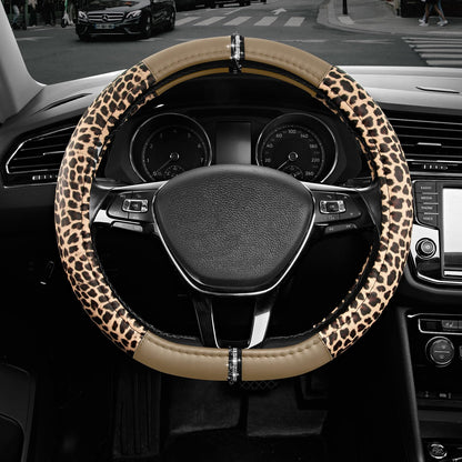 Road Comforts Leopard Steering Wheel Cover for Women, Cute Anti-Slip Premium PVC Leather, Fit 14.5-15 Inches Round Steering Wheel - Black