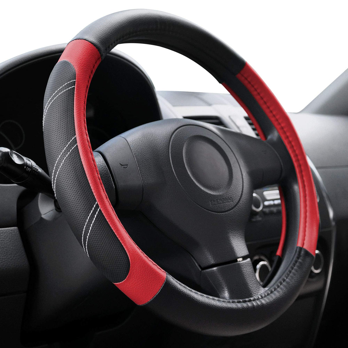 Elantrip Sport Leather Steering Wheel Cover 14 1/2 inch to 15 inch Universal, Padded Soft Grip Breathable for Car Truck SUV Jeep, Anti Slip Odorless Black and Beige