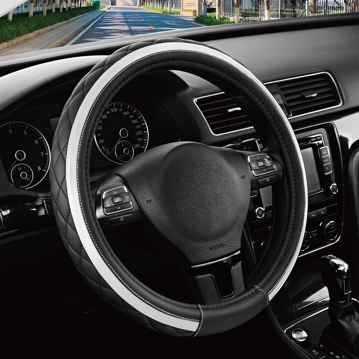 Road Comforts Leather Steering Wheel Cover – Black & Purple, Universal Fit 14.5-15 Inch, Microfiber Leather, Anti-Slip & Breathable Design for Men and Women