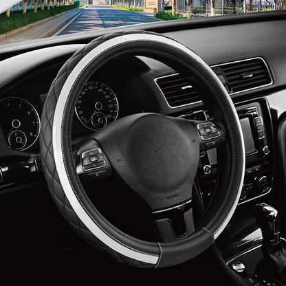 Road Comforts Leather Steering Wheel Cover – Black & Purple, Universal Fit 14.5-15 Inch, Microfiber Leather, Anti-Slip & Breathable Design for Men and Women