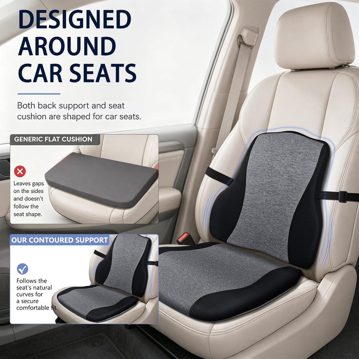 Car Seat Cushion with Lumbar Support, Firm 2-Piece Set for Long Drive, Grey