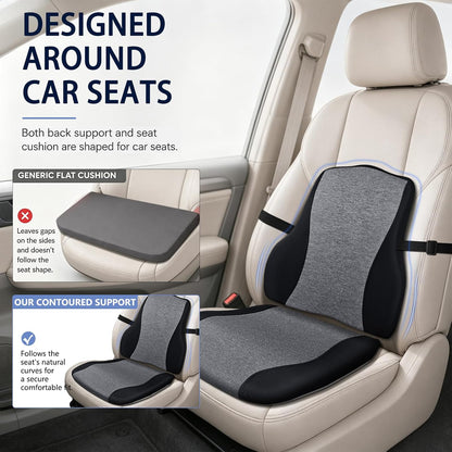 Car Seat Cushion with Lumbar Support, Firm 2-Piece Set for Long Drive, Grey