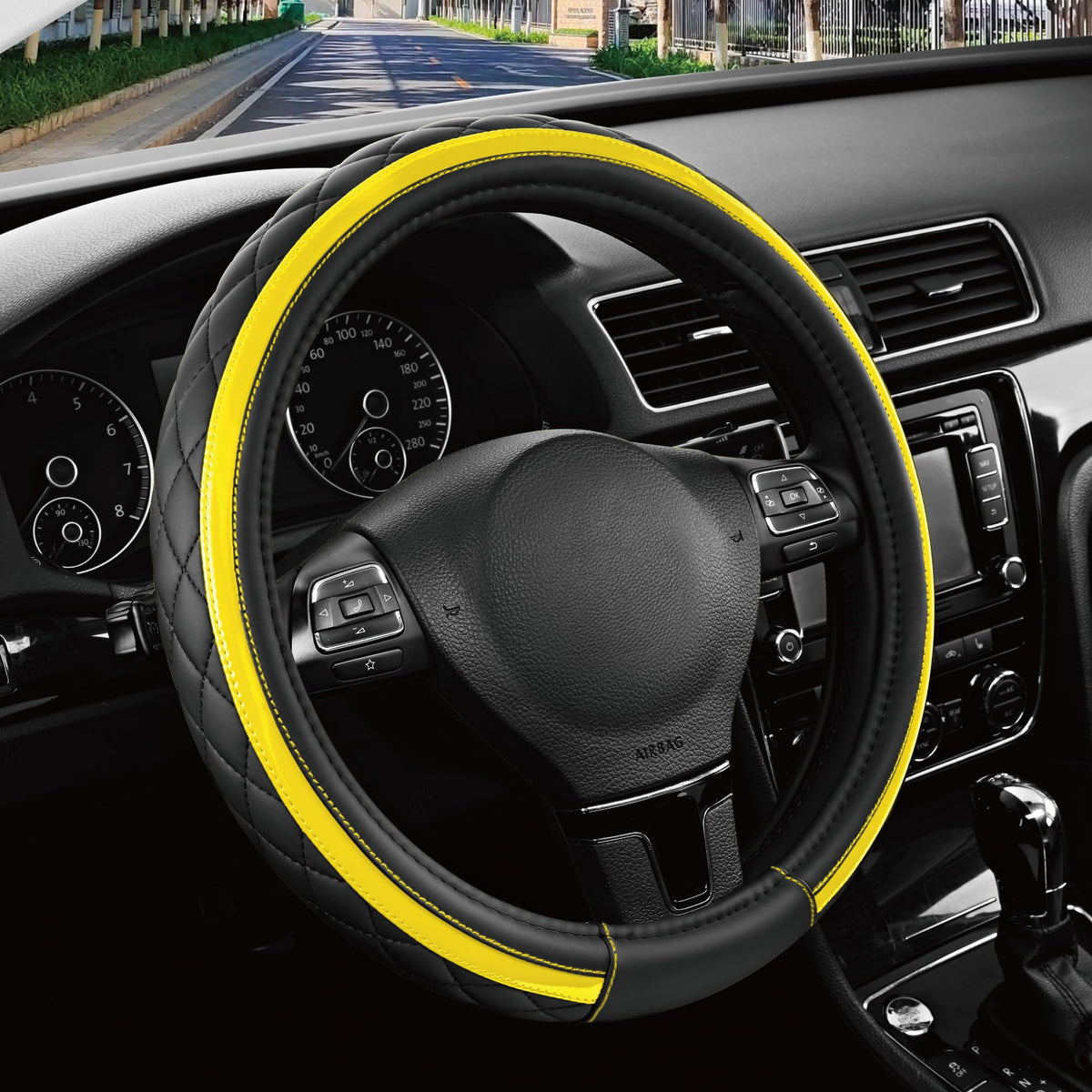 Road Comforts Leather Steering Wheel Cover – Black & Purple, Universal Fit 14.5-15 Inch, Microfiber Leather, Anti-Slip & Breathable Design for Men and Women