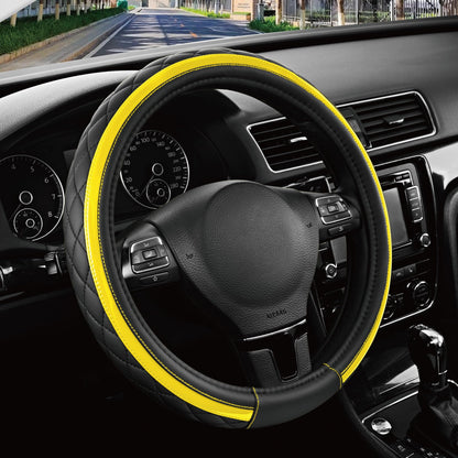 Road Comforts Leather Steering Wheel Cover – Black & Purple, Universal Fit 14.5-15 Inch, Microfiber Leather, Anti-Slip & Breathable Design for Men and Women