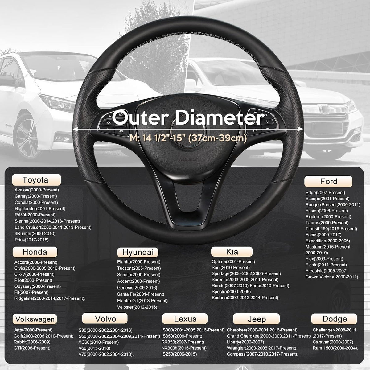 SEG Direct Steering Wheel Cover 14.5-15 inch Heavy-Duty, Black and Beige