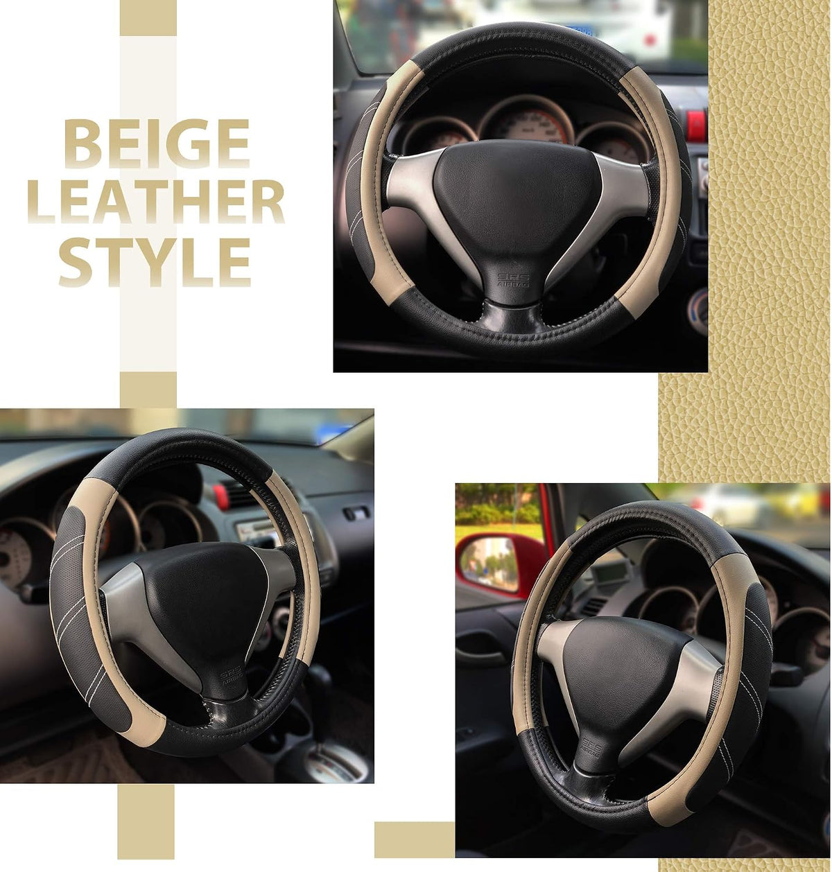 Elantrip Sport Leather Steering Wheel Cover 14 1/2 inch to 15 inch Universal, Padded Soft Grip Breathable for Car Truck SUV Jeep, Anti Slip Odorless Black and Beige