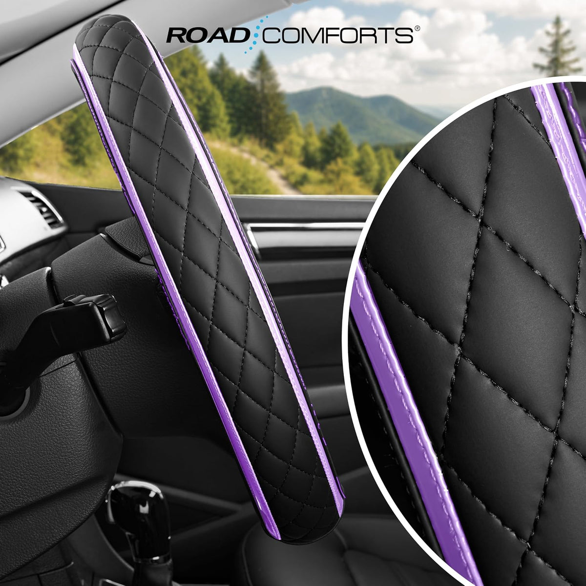 Road Comforts Leather Steering Wheel Cover – Black & Purple, Universal Fit 14.5-15 Inch, Microfiber Leather, Anti-Slip & Breathable Design for Men and Women