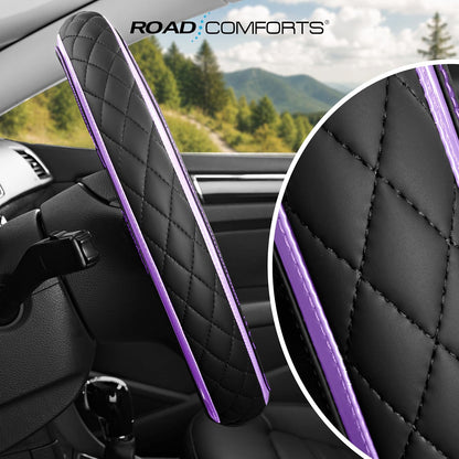 Road Comforts Leather Steering Wheel Cover – Black & Purple, Universal Fit 14.5-15 Inch, Microfiber Leather, Anti-Slip & Breathable Design for Men and Women