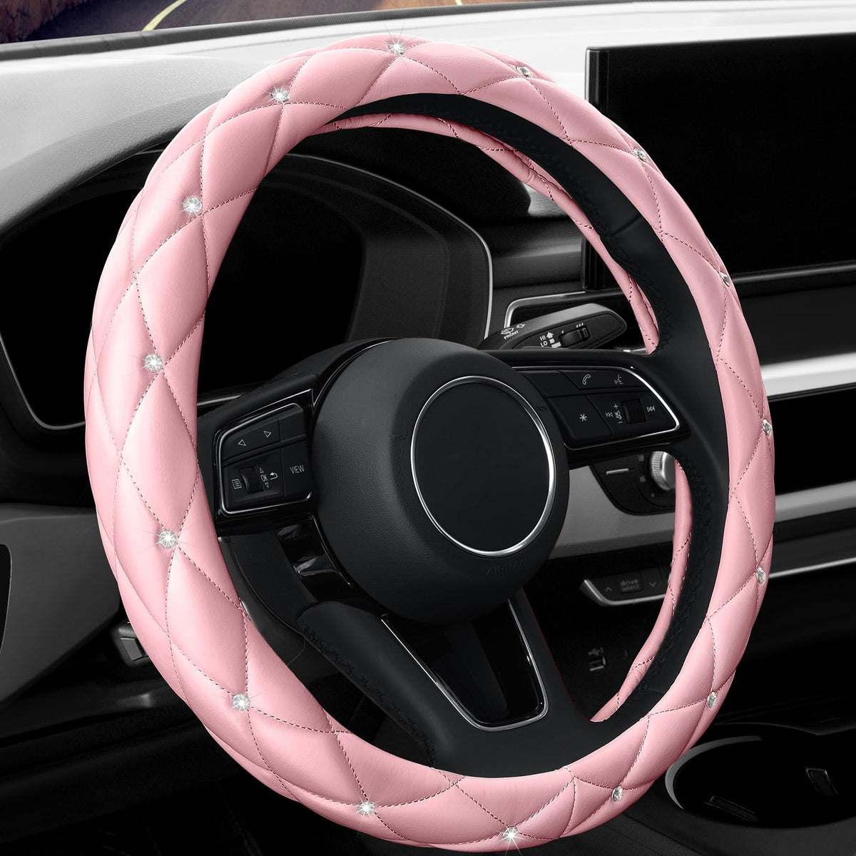 YOGURTCK Diamond Soft Leather Anti-Slip Steering Wheel Cover with Bling Bling Crystal Rhinestones, Universal 15 Inch for Women Girls, Fit Vehicles, Sedans, SUVs, Vans, Trucks - Black